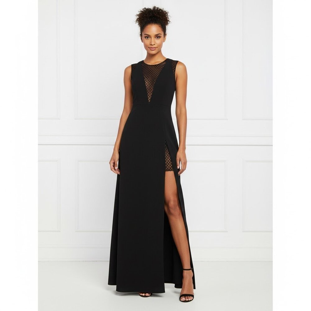 NWT BCBG MaxAzria Valentine in Black High Slit Crepe Evening Gown Dress 8